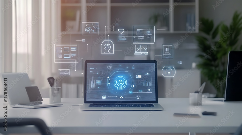 Modern Office Workspace with Laptop and Digital Interface Design Modern Office Workspace with Laptop and Digital Interface Design