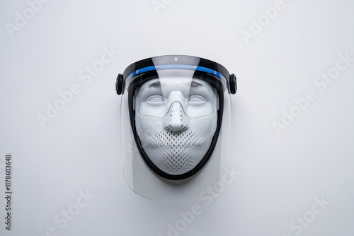 Protective face shield on a white background, used in workplaces with hazardous material handling photo