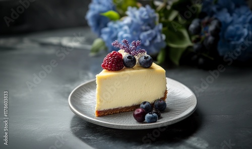 Slice of Creamy Cheesecake with Fresh Berries on Elegant Plate. Gourmet Dessert