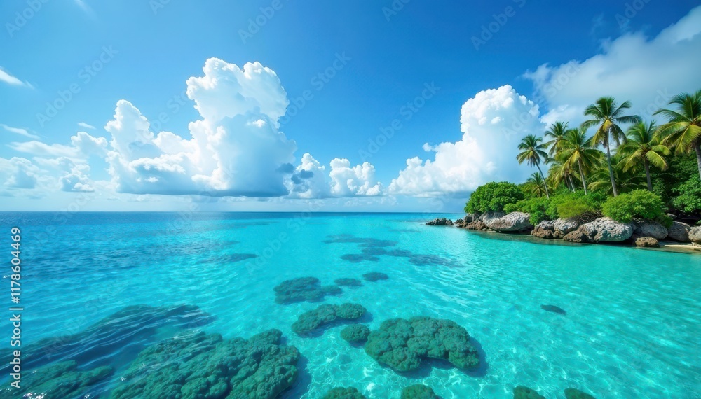 Cloudy sky above turquoise water, coral reef below, aquatic life, sky, underwater scene Cloudy sky above turquoise water, coral reef below, aquatic life, sky, underwater scene