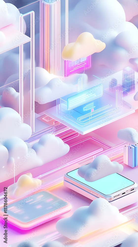Abstract Digital Landscape with Clouds and Glowing Technology Elements Abstract Digital Landscape with Clouds and Glowing Technology Elements