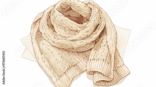 scarf, Illustration of a beige knitted scarf on a white background, created using pencil drawing and watercolor. photo