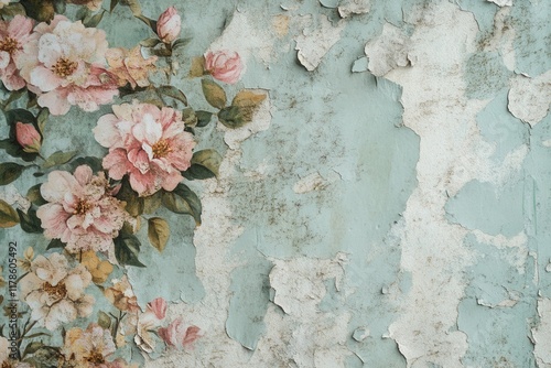 Vintage Floral Wallpaper with Peeling Texture