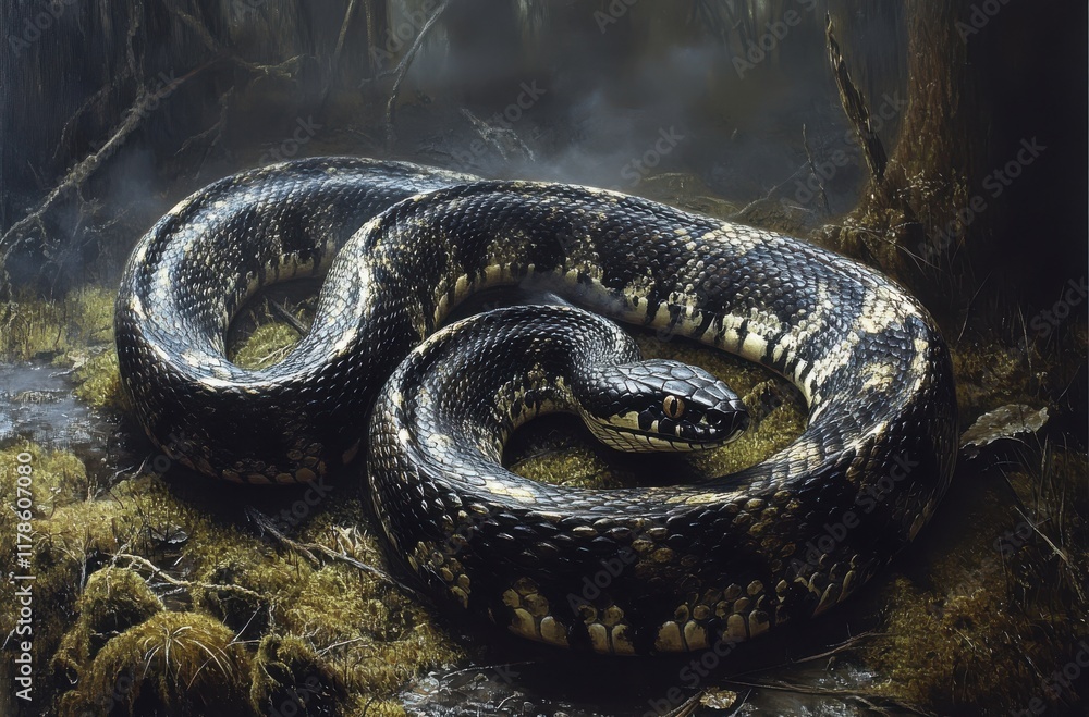Obraz premium Serene Coiled Python Resting on Mossy Ground in Misty Forest Setting, Capturing the Beauty of Nature and Wildlife in a Tranquil Environment