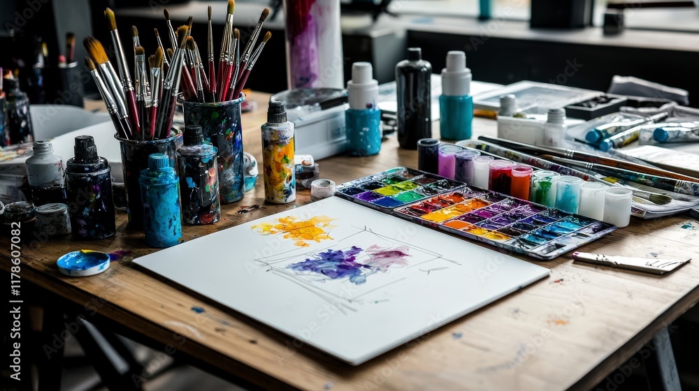 Creative workspace exploration artistic materials studio environment photostock collection unique viewpoint vibrant concept Creative workspace exploration artistic materials studio environment photostock collection unique viewpoint vibrant concept