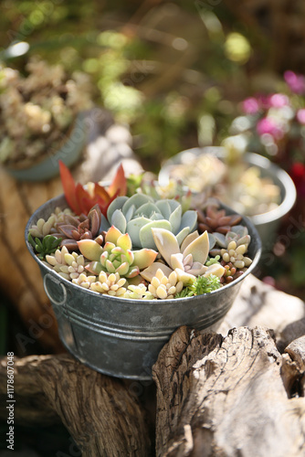 colorful succulent plants in a pot, decorative gardening
