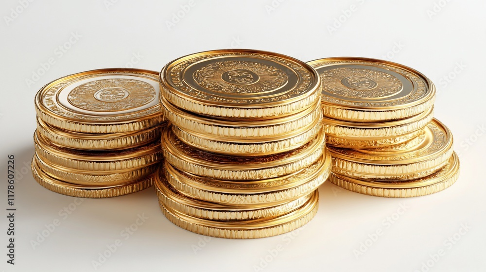 Gold coins stack, finance, wealth, white background, investment Gold coins stack, finance, wealth, white background, investment