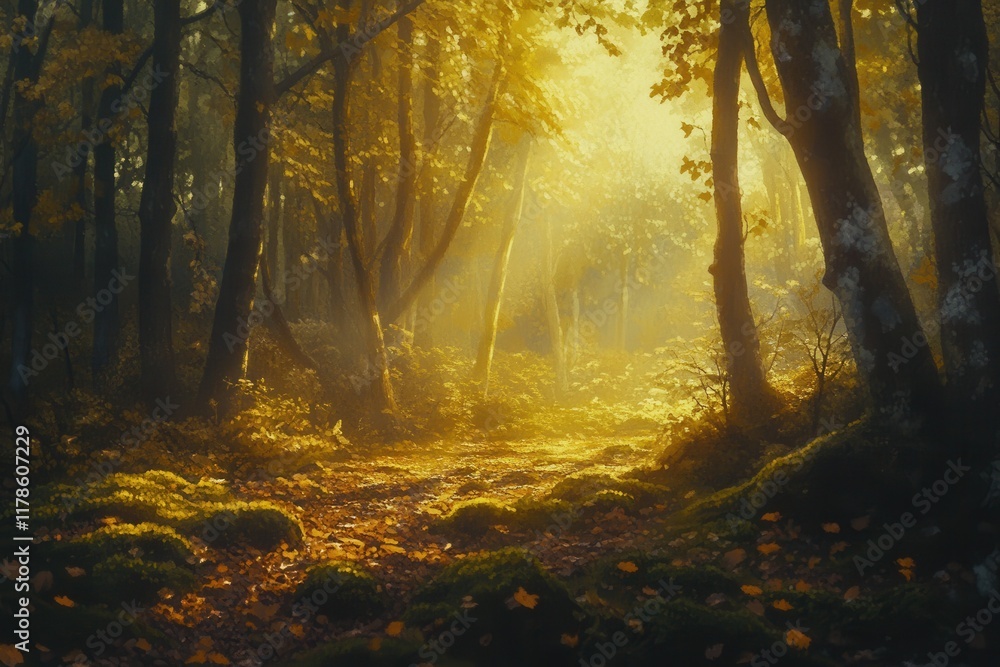 Obraz premium Golden Sunlight Illuminates Autumnal Forest Path