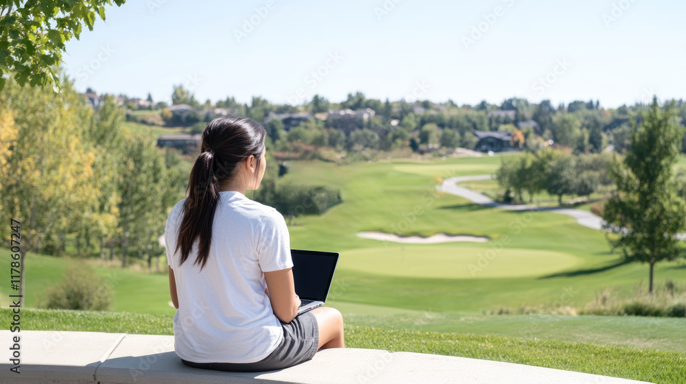Canadian business woman working online with a laptop outdoor and enjoy nature Canadian business woman working online with a laptop outdoor and enjoy nature