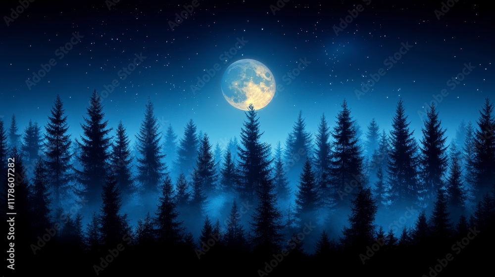 Naklejka premium Night forest scene with full moon and misty trees.