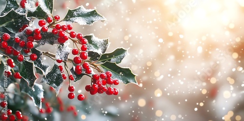 A close-up of holly berries and leaves with snow falling on them. The background is a bokeh of light. photo