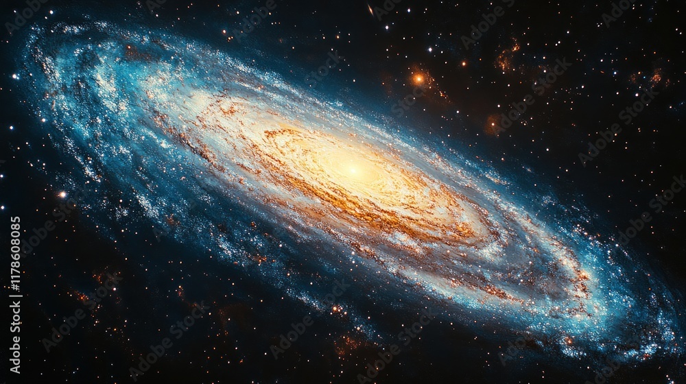 Naklejka premium A vibrant galaxy showcasing swirling stars and cosmic dust in deep space.