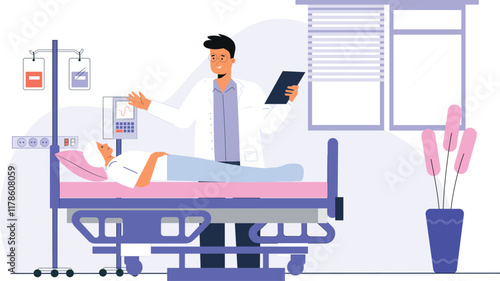 Medical Store and Pharmacy Services Illustration A pharmacist assisting a customer in a well-stocked pharmacy, with medical symbols.