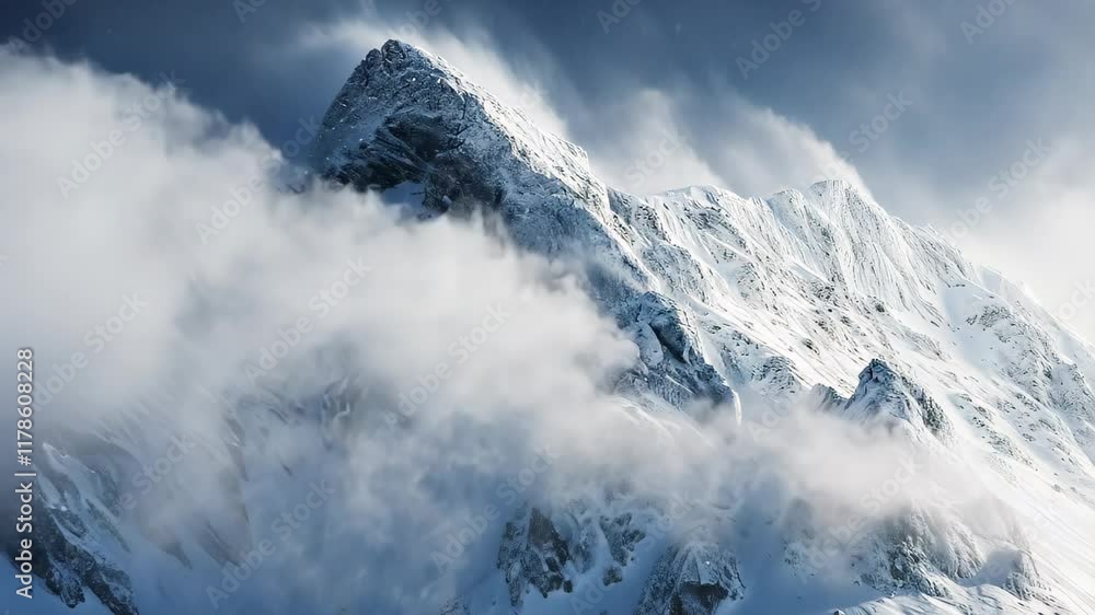 A majestic snowy mountain peak is veiled by thick clouds, while stars gently illuminate the night sky, Intense snowstorm engulfing a mountain range A majestic snowy mountain peak is veiled by thick clouds, while stars gently illuminate the night sky, Intense snowstorm engulfing a mountain range