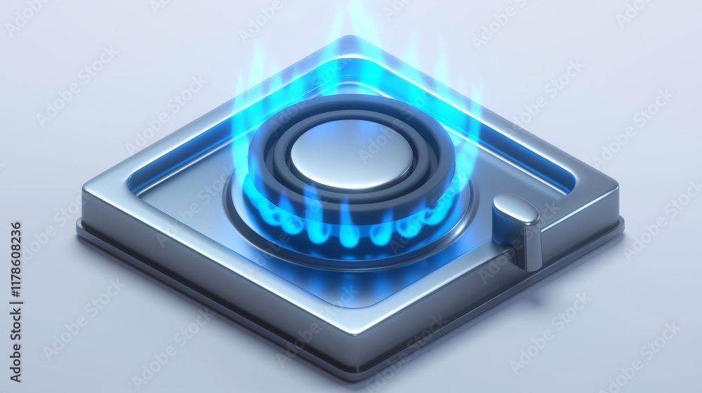 Fototapeta premium Gas stove, A realistic isometric icon, a silver-colored gas stove with a blue flame, on a pure white background, 3D rendering, high resolution and detailed.
