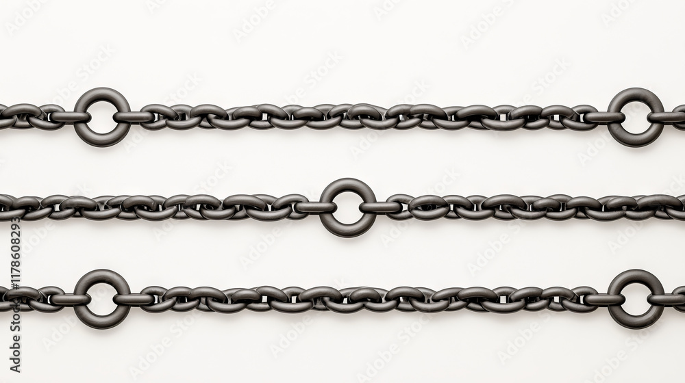 Chain, A long chain made of black iron material, with three connected circles on the top and bottom of each link, suspended in front of a white background. Chain, A long chain made of black iron material, with three connected circles on the top and bottom of each link, suspended in front of a white background.