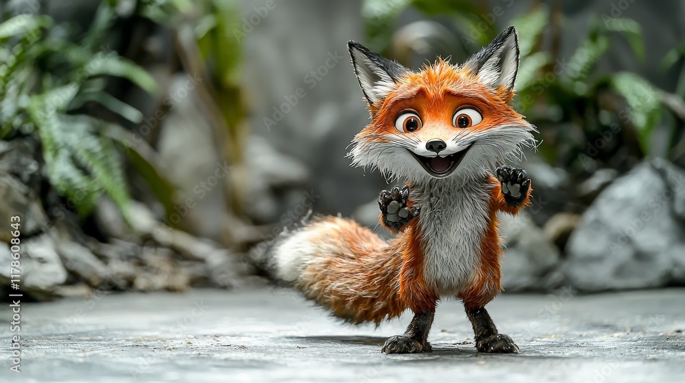 Fototapeta premium Playful cartoon fox in a nature setting whimsical illustration vibrant environment creative perspective