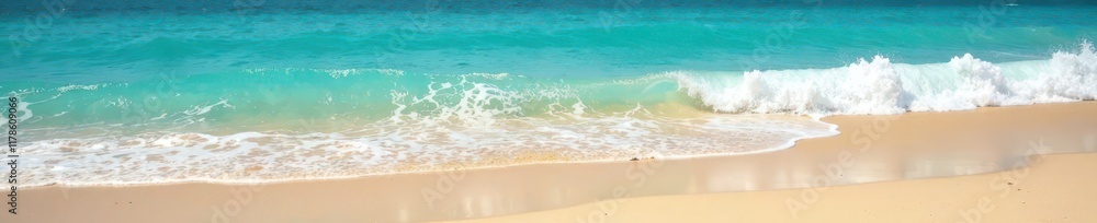 Sun-drenched sand, turquoise waves crashing on shore, shoreline, vacation Sun-drenched sand, turquoise waves crashing on shore, shoreline, vacation