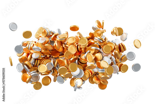 A large pile of golden and silver coins scattered randomly, displayed on a white background. A representation of wealth, savings, or treasure. 3D Rendering. photo