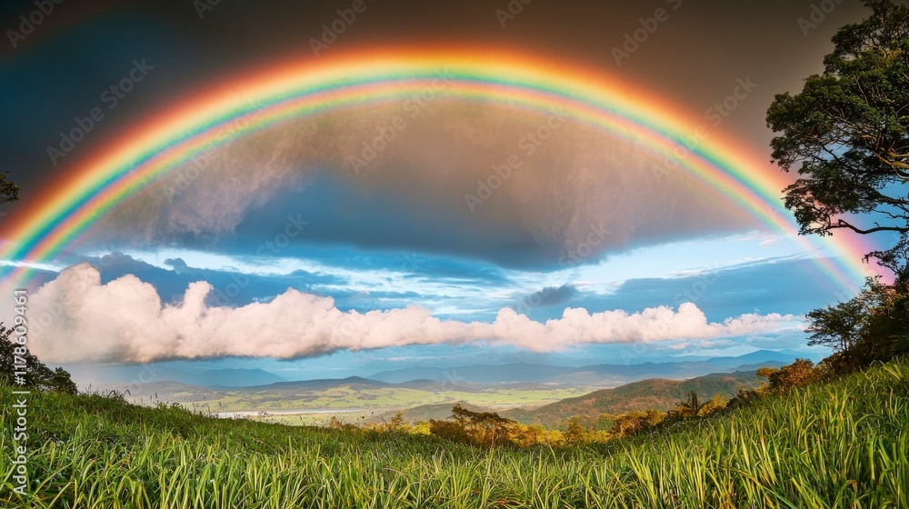 Obraz premium Vibrant rainbow over lush landscape nature photography scenic views outdoor beauty panoramic perspective