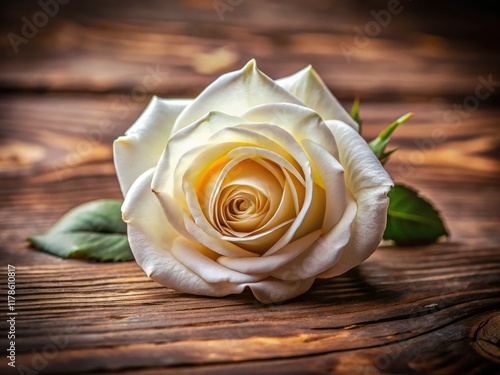 A pristine white rose, viewed from above, blossoms against a rich brown backdrop. photo