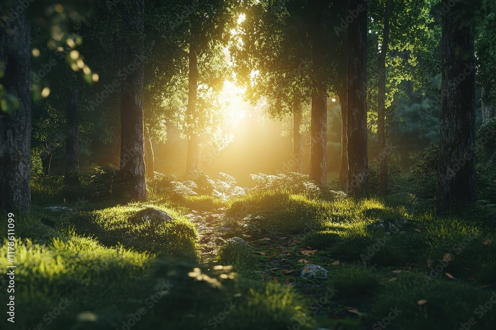 Obraz premium Sunlit Forest Path Golden Hour Tranquil Scene
