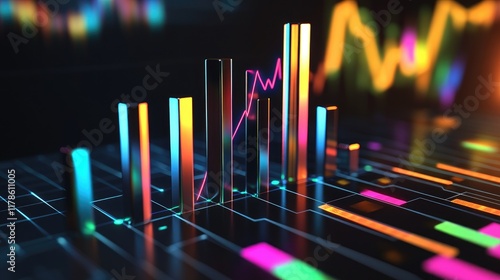 Wallpaper Mural A D bar chart with metallic bars rising from the ground, set against a dark background with neon-colored data lines and futuristic graphs representing business growth. Torontodigital.ca