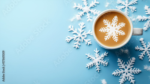 coffe cup with christmas background with snowflakes