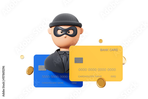 Quadro su tela Cartoon thief withmask holding yellow and blue bank cards, surrounded by gold coins on white background