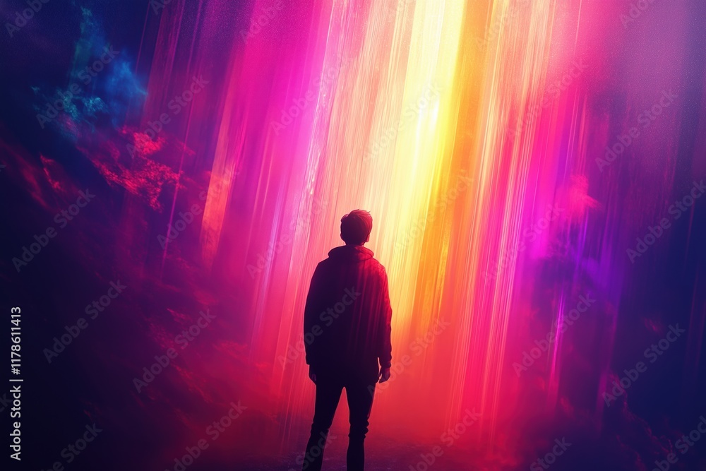 Light beams create a vibrant atmosphere as a figure stands in awe beneath colorful skies Light beams create a vibrant atmosphere as a figure stands in awe beneath colorful skies