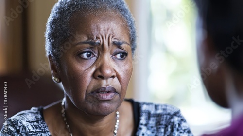 a distressed looking woman talking to a counseler photo