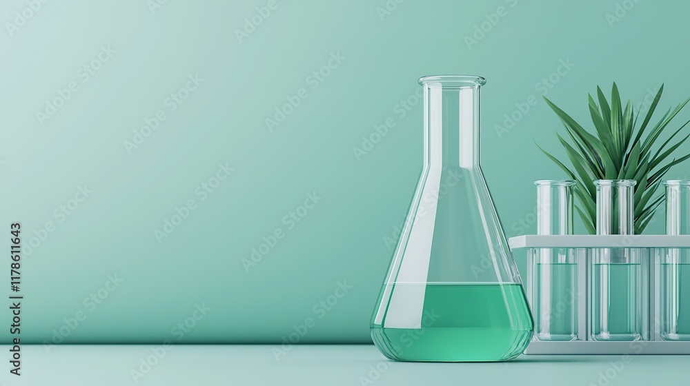 A glass flask filled with green liquid, alongside test tubes, set against a calming mint-green background with a touch of greenery. A glass flask filled with green liquid, alongside test tubes, set against a calming mint-green background with a touch of greenery.
