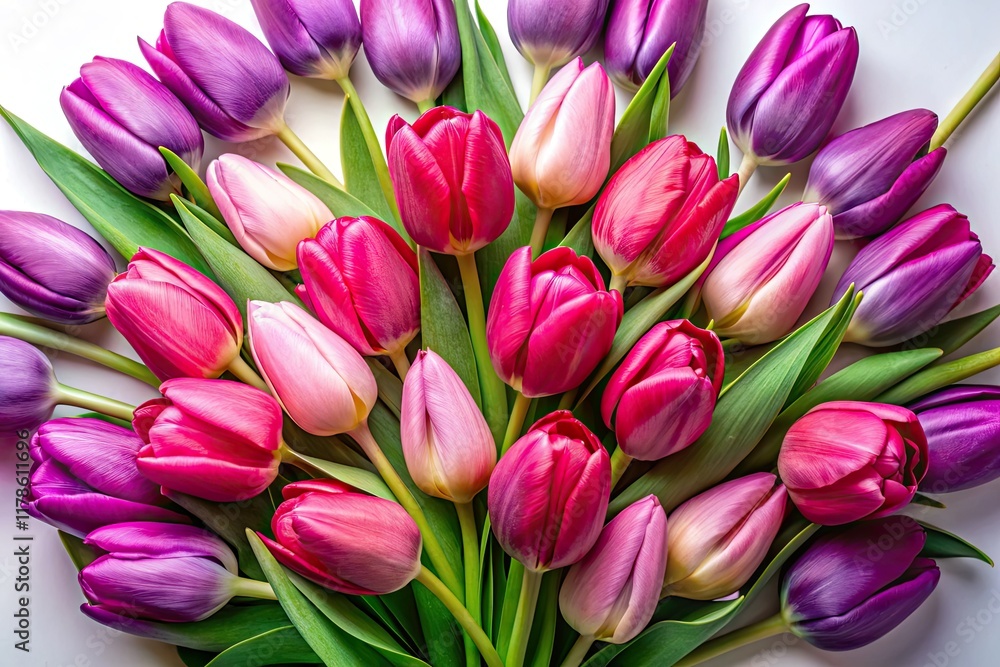 Obraz premium Atop a white backdrop, pink and purple tulips create a vibrant flat lay, captured under the night sky.