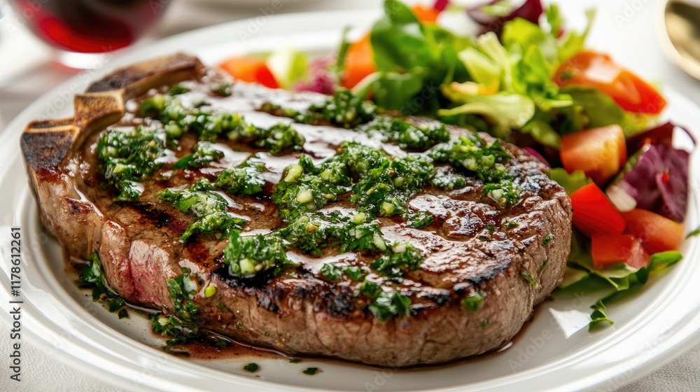 A beautifully arranged steak dinner featuring a thick cut of meat, drizzled with chimichurri sauce, alongside a colorful salad and a glass of red wine, presented on a white tablecloth. A beautifully arranged steak dinner featuring a thick cut of meat, drizzled with chimichurri sauce, alongside a colorful salad and a glass of red wine, presented on a white tablecloth.
