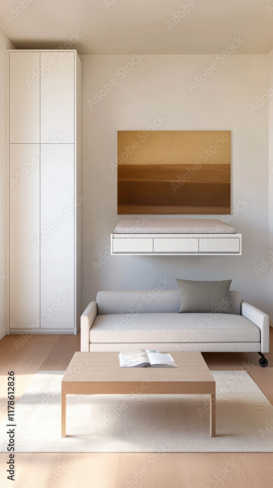Fototapeta premium Modern minimalist living room with neutral tones and simple furnishings