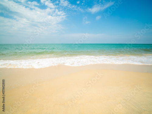 Horizon photogrphy beautiful landscape summer season panorama view tropical sea beach white sand clean blue sky background calm nature ocean wave water travel holiday at samae san island sun day time. photo