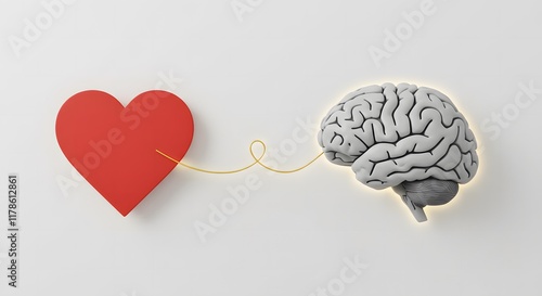 An illustration of a heart and brain connected by a glowing thread. Mental Health. Brain Health. Heart Health. Health concept.