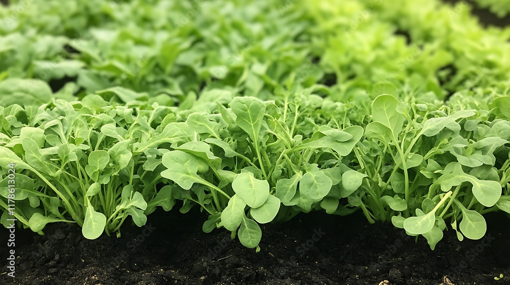 Young arugula plants growing in a field; agriculture background. Young arugula plants growing in a field; agriculture background.