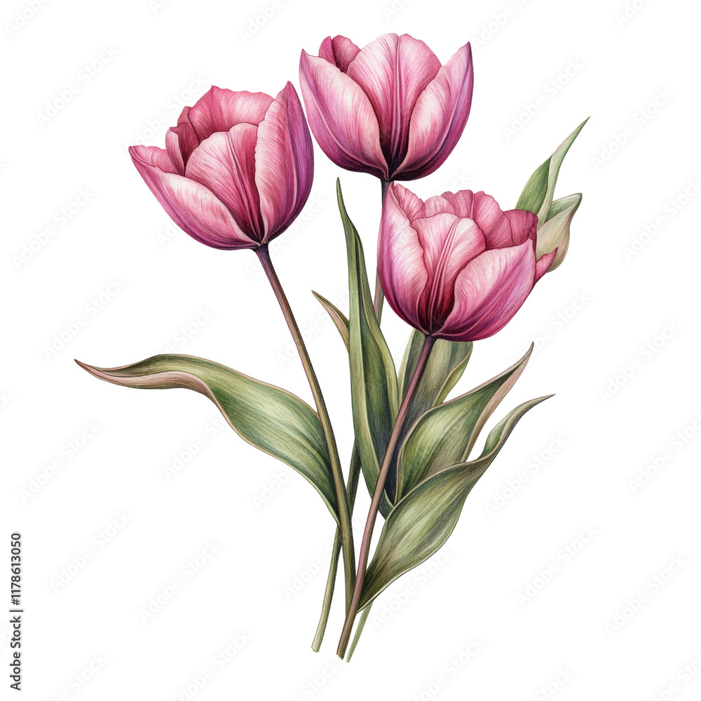 Fototapeta premium A detailed watercolor painting showcases three pink tulips with their stems and leaves against a white background.