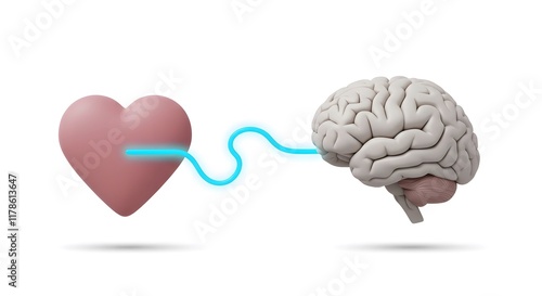 An illustration of a heart and brain connected by a glowing thread. Mental Health. Brain Health. Heart Health. Health concept.
