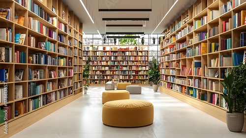 Modern library interior with bookshelves, seating, and natural light.