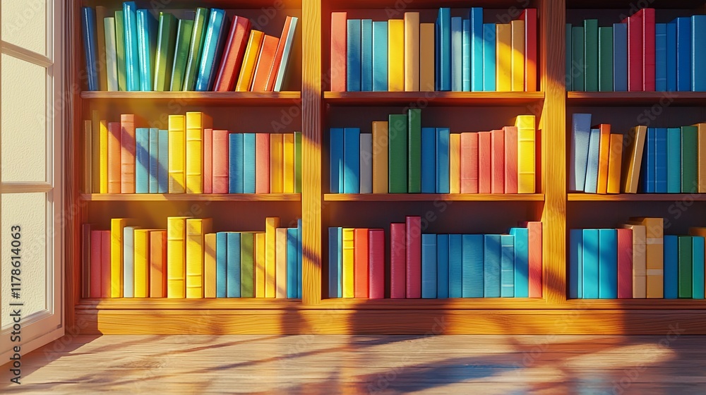 Fototapeta premium Sunlit bookshelves filled with colorful books.