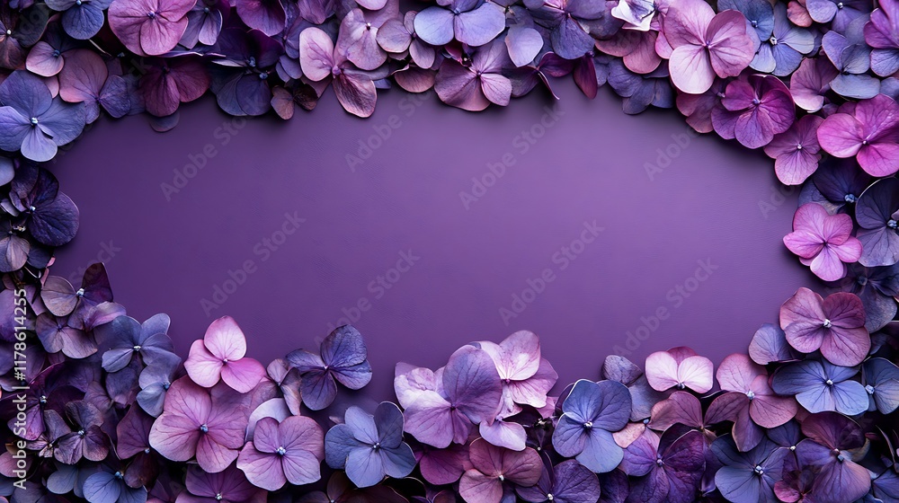 Obraz premium Purple hydrangea petals frame; blank space; floral design; greeting card.