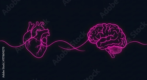 An illustration of a heart and brain connected by a glowing thread. Mental Health. Brain Health. Heart Health. Health concept.