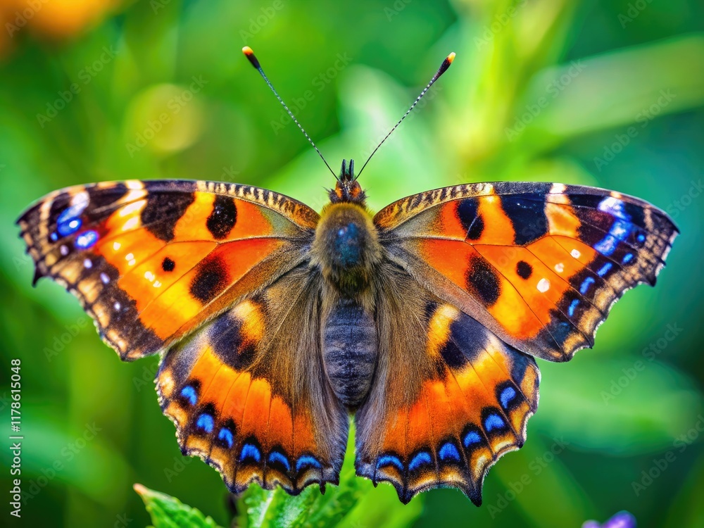 Close-up macro reveals intricate details of a European Small Tortoiseshell butterfly's wings. Close-up macro reveals intricate details of a European Small Tortoiseshell butterfly's wings.
