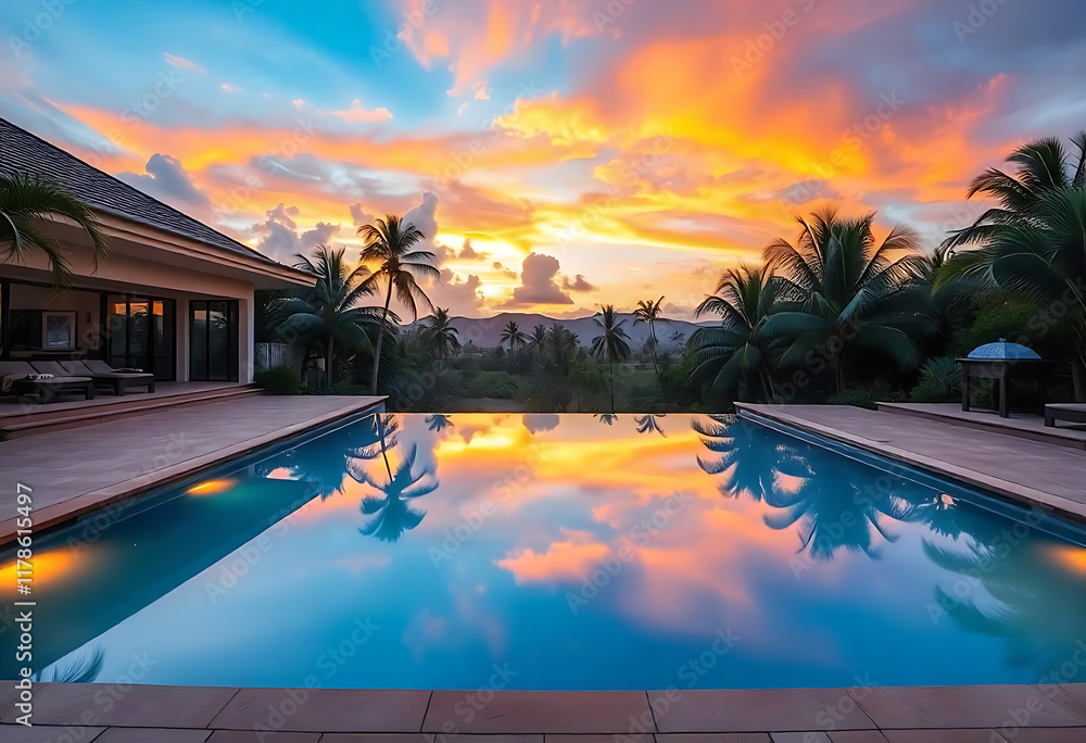 Fototapeta premium Tropical Bliss Sunset Reflections at a Luxury Villa Pool.