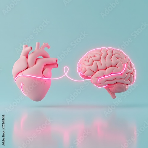 An illustration of a heart and brain connected by a glowing thread. Mental Health. Brain Health. Heart Health. Health concept.