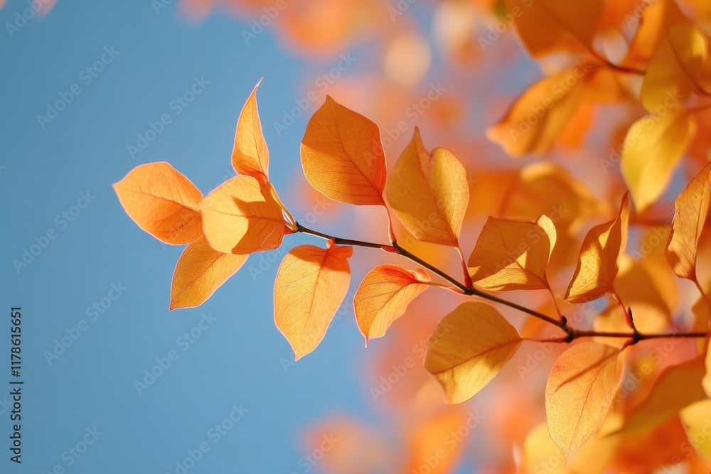 Autumn leaves branch, blue sky, sunlight, nature background, fall design Autumn leaves branch, blue sky, sunlight, nature background, fall design