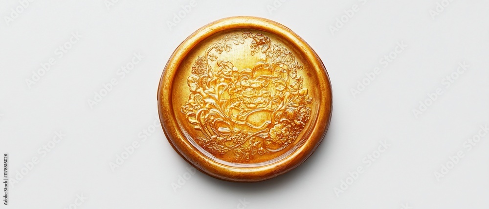 Golden wax seal, ornate design, white background, invitation Golden wax seal, ornate design, white background, invitation