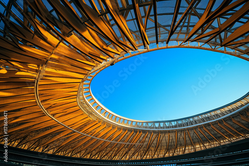 Low angle view of a stadiums interior. Golden wooden beams form a curved roof structure, creating an oval opening to a vibrant blue sky. photo